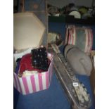 A DISTRESSED BANJO, (with case), a Drum (s.d.) and various hats, bags etc