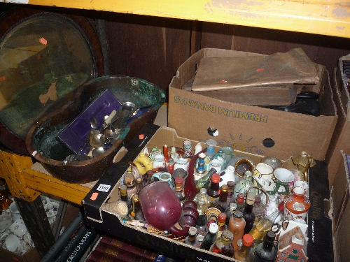 TWO BOXES AND LOOSE SUNDRY ITEMS, miniature liqueurs, vases, small copper bath (?), cutlery,