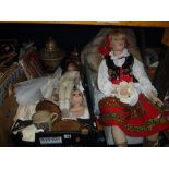 TWO BOXES AND LOOSE COLLECTORS DOLLS, and loose doll parts, faux fur coat, temple jars etc