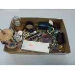 A TRAY OF JEWELLERY, to include earrings, beaded necklaces, pocket watch etc