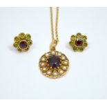 A PENDANT AND EARRINGS, a garnet and pearl pendant necklace together with a pair of earrings,