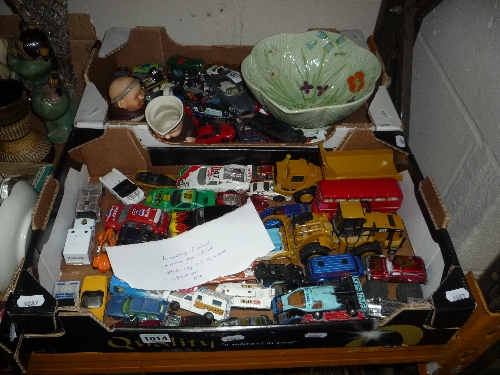 TWO BOXES AND LOOSE DIECAST VEHICLES, (Corgi, Ertl, Hot Wheels etc), a Beswick bowl, two Goebel Monk