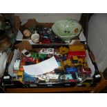 TWO BOXES AND LOOSE DIECAST VEHICLES, (Corgi, Ertl, Hot Wheels etc), a Beswick bowl, two Goebel Monk