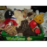 A QUANTITY OF TEDDY BEARS, DOLLS AND SOFT TOYS, to include Russ, some wear and damage (two boxes)