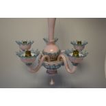 A VENETIAN GLASS THREE BRANCH CEILING CHANDELIER, in white and pink with blue glass frills,