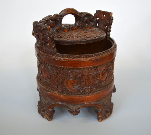 A NORWEGIAN BIRCH AND PINE DRY STORAGE BOX AND COVER, of cylindrical form, carved scrolling - Image 2 of 2