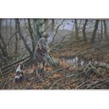 MICK CAWSTON, A Shot and His dog in woodlands, oil on canvas, signed lower right, 44cm x 75cm