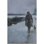 MICK CAWSTON, Poacher and game in a snowy scene, oil on board, signed lower left, 29cm x 24cm