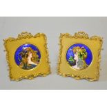 A PAIR OF CONTINENTAL ENAMELLED PLAQUES, profile bust portraits of maidens on a rich blue ground,