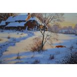 EDWARD HERSEY, Fox in a snowy field, cottages and village beyond, oil on canvas, signed lower right,