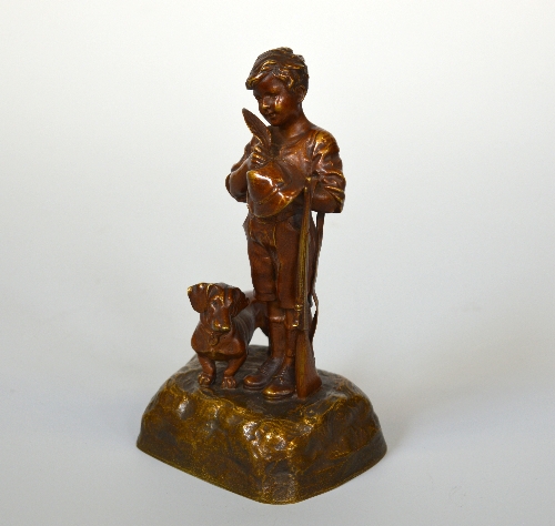 AFTER A. WERNER, young boy with a rifle, a Dachshund at his feet, patinated bronze, approximate - Image 2 of 3