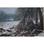 MICK CAWSTON, A Shot and His dog in a snowy hide, oil on canvas, signed lower right, 44cm x 60cm