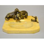 A PAIR OF BRASS FIGURES OF DACHSCHUNDS, and a toy monkey mounted on a yellow marble pin tray,