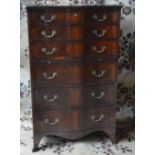 AN EARLY 20TH CENTURY MAHOGANY SERPENTINE CHEST OF SIX GRAUATED DRAWERS, with ornate brass handles