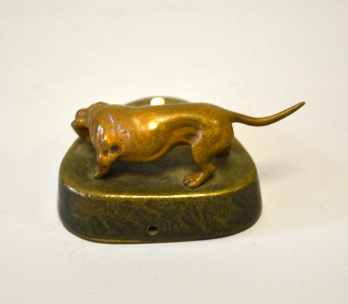 AN AUSTRIAN BRONZE BELL PUSH, modelled as a Dachshund stalking a riding crop, height approximately - Image 2 of 2