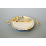 GEORGE V SILVER TWO HANDLED DISH, hammered bowl and rose head handles, possibly Albert Edward Jones,