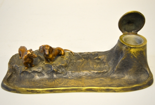 A PAIR OF COLD PAINTED BRONZE DACHSHUNDS, mounted on an inkwell/pen rest, height approximately 24cm - Image 2 of 2