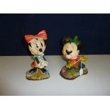 A PAIR OF LEONARD PAINTED PLASTER FIGURES OF MICKEY AND MINNIE MOUSE, Mickey is dressed as Robin