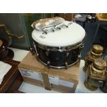A MAPEX BLACK PANTHER 14' SNARE DRUM, with 7' deep 11 ply maple shell with spare Remo heads and