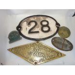 A CAST IRON RAILWAY BRIDGE PLATE, number 28 and various other plaques and badges (5)