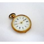 A LADIES FOB WATCH, with white and gold dial, stamped 14K to case