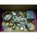 A BOX OF COSTUME JEWELLERY, to include cufflinks, necklaces, brooches, watches etc