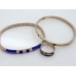 THREE ITEMS, to include two bangles, one with blue enamel detail and a ring, bangles stamped Mexico