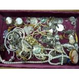 A LARGE BOX OF MIXED COSTUME JEWELLERY, with pearls, earrings, cameos etc