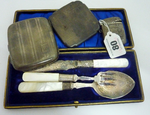 A SMALL COLLECTION OF ITEMS, to include a vesta, two cigarette cases and cutlery