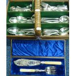 A COLLECTION OF PLATED CUTLERY, to include boxed fish servers