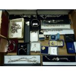 A LARGE TRAY OF WHITE METAL AND SILVER ITEMS, to include two marcasite watches, pendants,