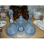 A WALTHER AND SOHNE GLASS DRESSING TABLE SET, in the Nymphen pattern (7) and a beaded bracelet