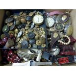 A BOX OF MISCELLANEOUS ITEMS, to include a collection of military buttons, pocket watches,