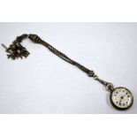 A LADIES SILVER FOB WATCH, on a silver chatelaine