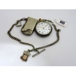 AN OPEN FACED POCKET WATCH, with albert chain and fob together with an attached lighter