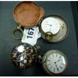 FOUR LATE VICTORIAN FAUX FOB WATCH MEMENTO CASES, three modelled as open faced watches having