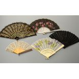A COLLECTION OF FIVE FABRIC FANS, some with hand painted and sequin decoration