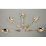 FIVE SILVER FIDDLE PATTERN HANDLE SERVING SPOONS, to include two Exeter 1824 William Woodman, Dublin