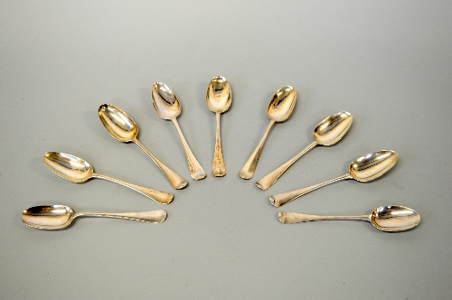 NINE SILVER RAT TAIL SERVING SPOONS, London 1735, 1750, 1751, Ebenezer Coker, 1754, 1764 etc,