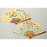 TWO HANDPAINTED FLORAL AND BIRD DECORATED FANS, (2)