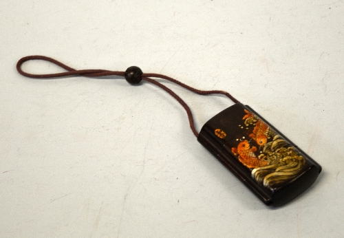 A JAPANESE BLACK LACQUERED THREE DIVISION INRO, decorated with Koi Carp on one side and Lotus flower - Image 2 of 2