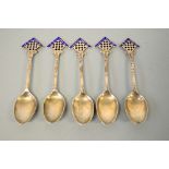 A SET OF FIVE MASONS SILVER TEASPOONS, with KEL 1928-29, 1931-3 in blue enamel to finial and