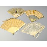 A COLLECTION OF FOUR BONE FANS, two with pierced decoration (all a/f)