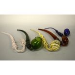 FIVE MIXED NAILSEA PIPES, white, green, lime and white, blue and smokey, approximate lengths 29cm,