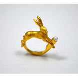 BILL SKINNER, Mad March Hare ring, depicting a leaping Hare with freshwater pearl detail, stamped