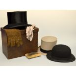 THREE HATS, to include a bowler hat, a grey top hat and a boxed silk  black top hat from Tress & Co,