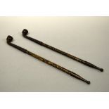 A PAIR OF JAPANNED PIPES, with gilt floral decoration, approximate height 17.5cm