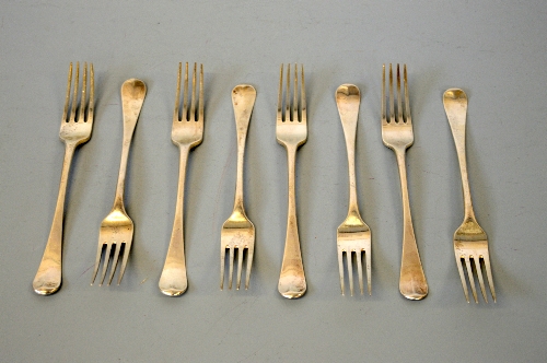 EIGHT SILVER NEWCASTLE FORKS, maker John Langlands, dated 1797, weight approximately 505g (8)