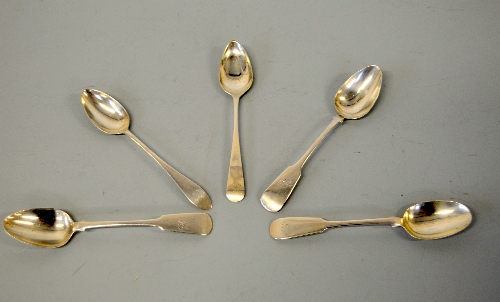FIVE SILVER DUNDEE TEASPOONS, to include 1790-1800, two 1820-1840 and two others (5)