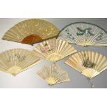 A COLLECTION OF SIX FANS, to include bone handled, painted silk and embroidery designs